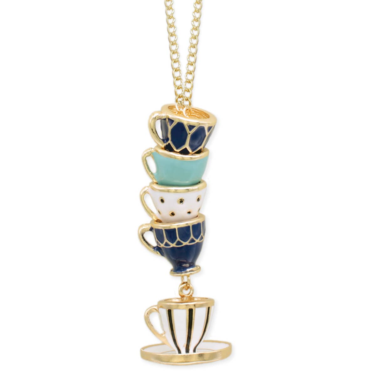 Mad Hatter Blue Teacup Stack Gold Necklace
