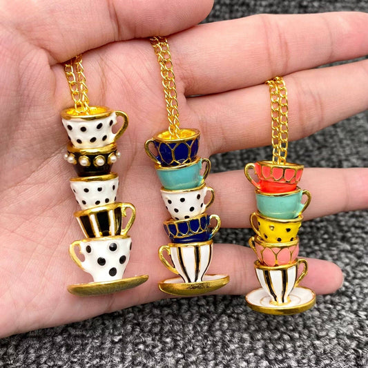 Colorful Enamel 5 Teacups Linked Charm Necklace: Style A