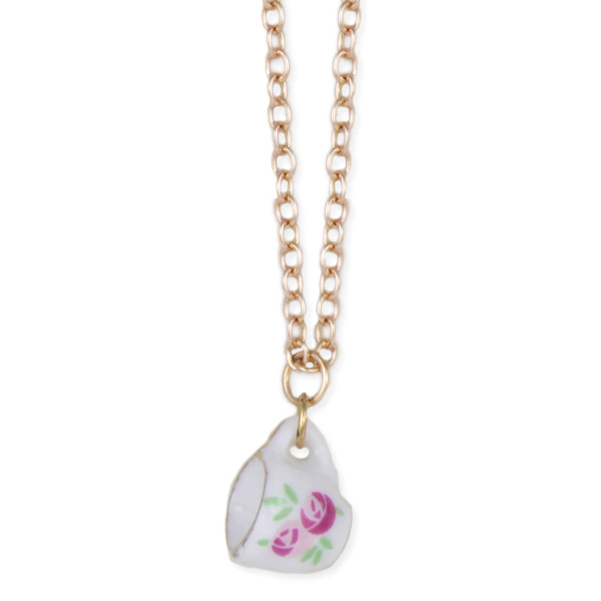 Pink and white ceramic teacup gold necklace tea jewelry Necklace with a teardrop-shaped pendant featuring floral design on a white background
