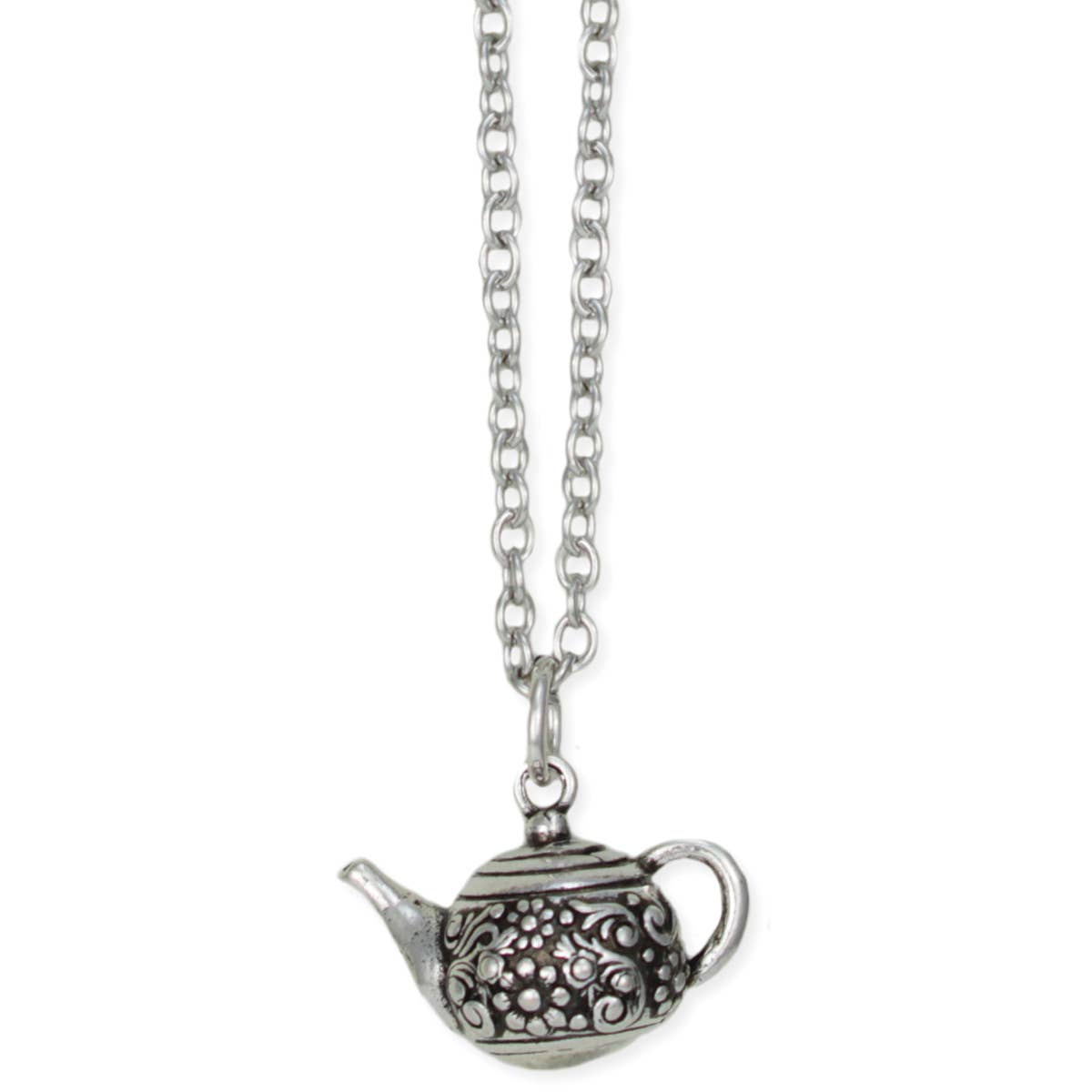 Silver teapot pendant necklace on a white background