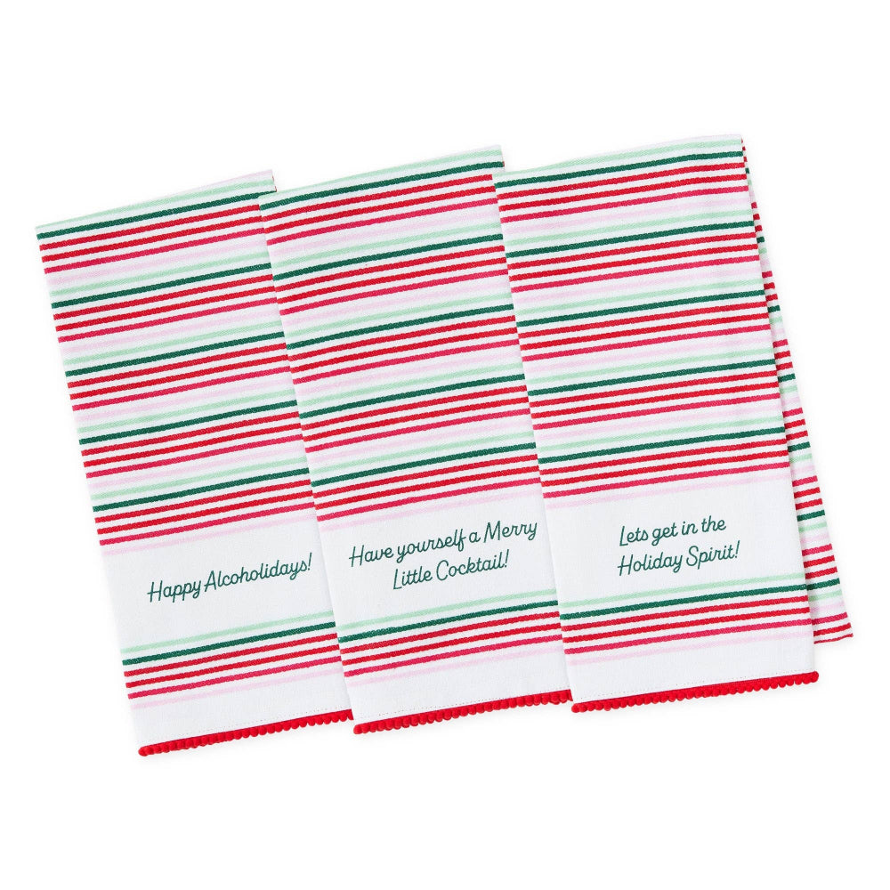 Set of three striped towels with humorous text on a white background