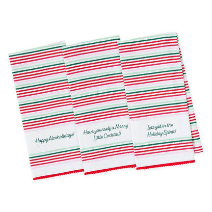 Set of three striped towels with humorous text on a white background