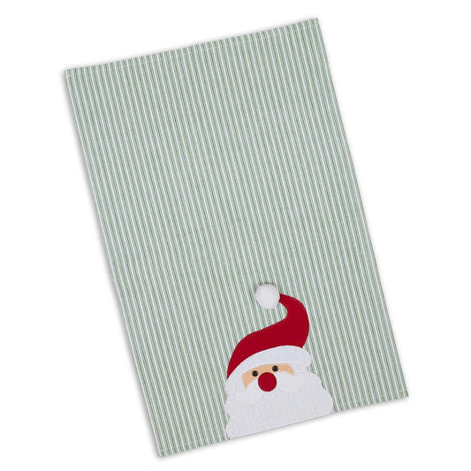 Tea towel with a Santa Claus design on a green striped background