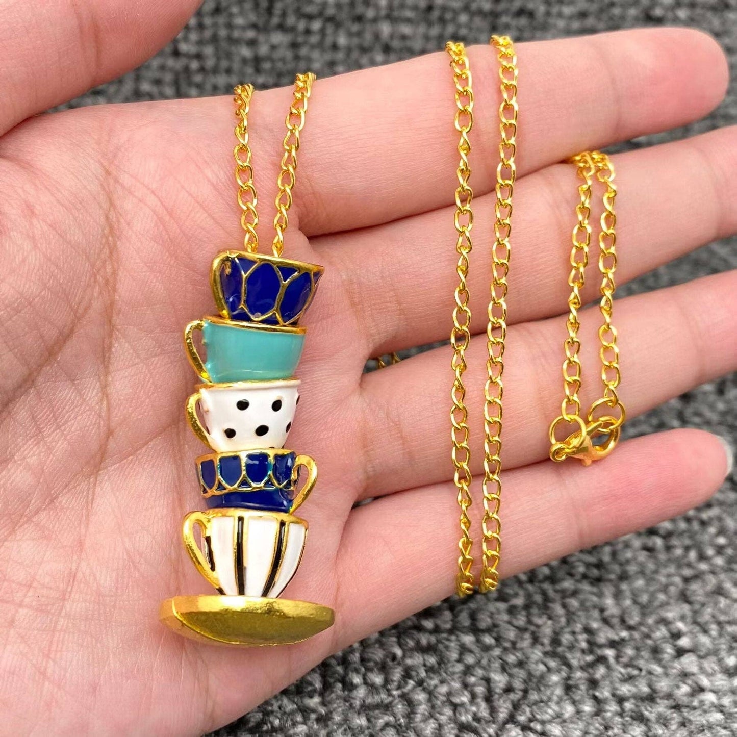 Colorful Enamel 5 Teacups Linked Charm Necklace: Style A