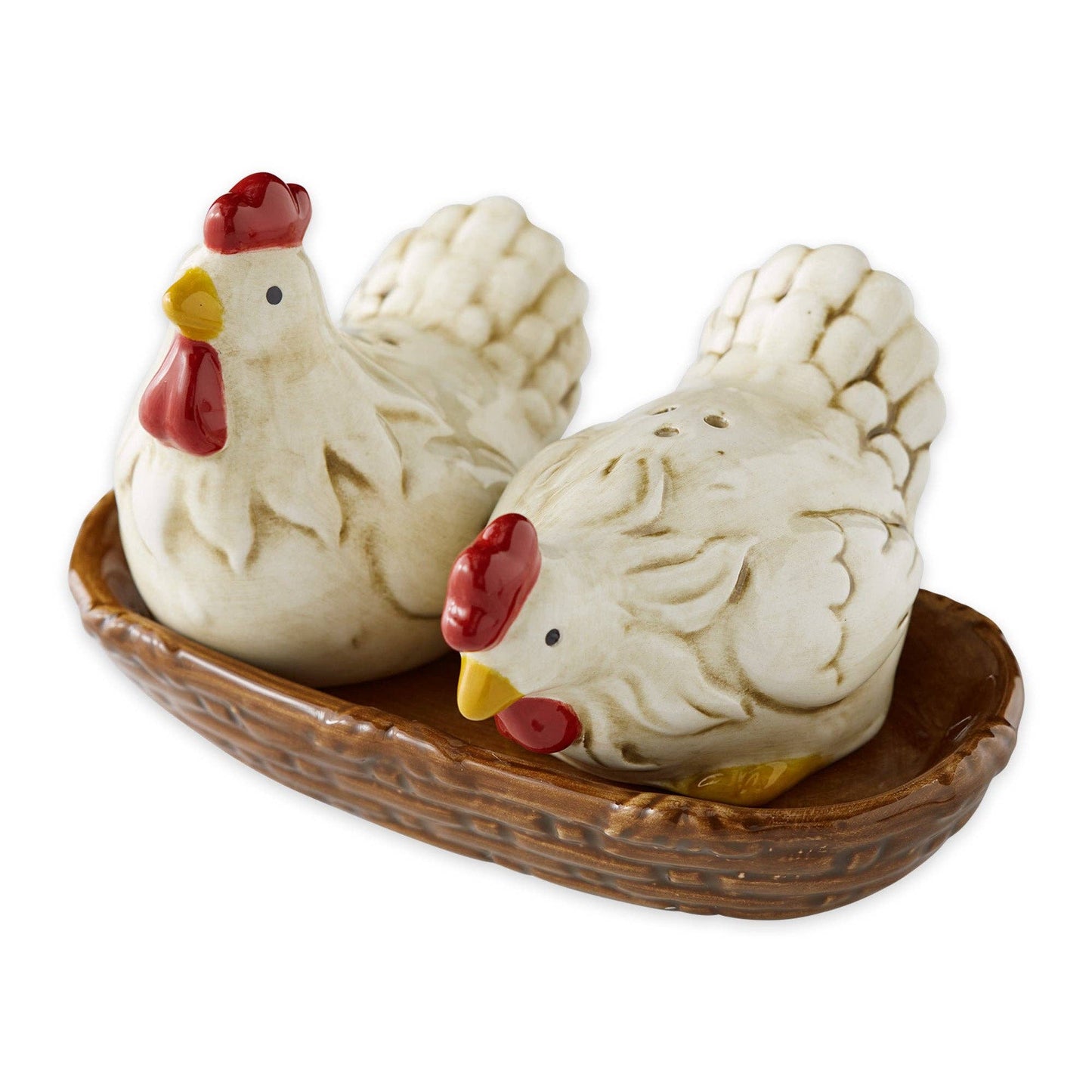 Two ceramic chicken figures on a wooden tray with a white background
