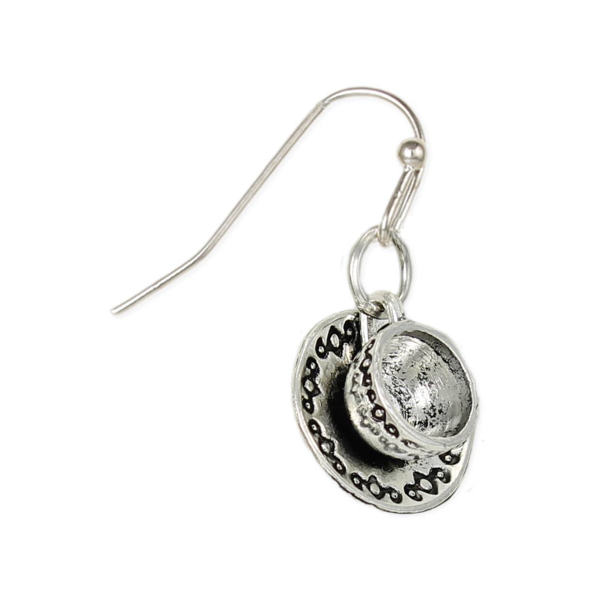 Silver earring with intricate design on a white background