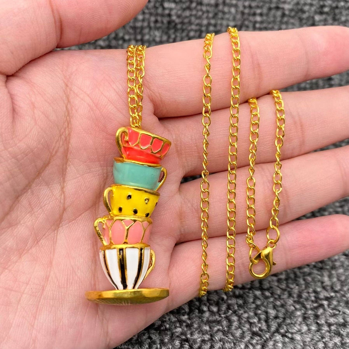 Colorful Enamel 5 Teacups Linked Charm Necklace: Style A