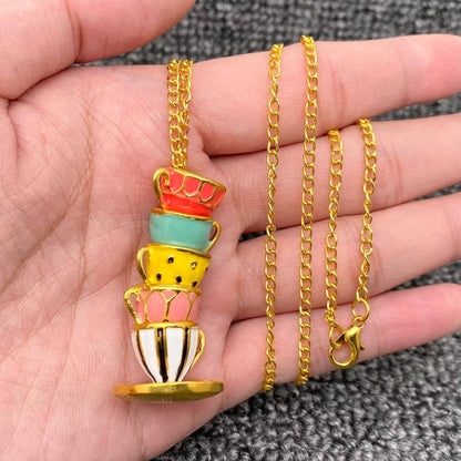 Colorful Enamel 5 Teacups Linked Charm Necklace: Style A