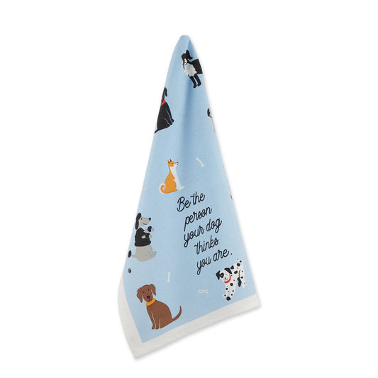 Towel with dog illustrations and text on a light blue background