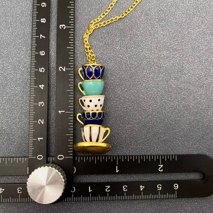 Colorful Enamel 5 Teacups Linked Charm Necklace: Style A