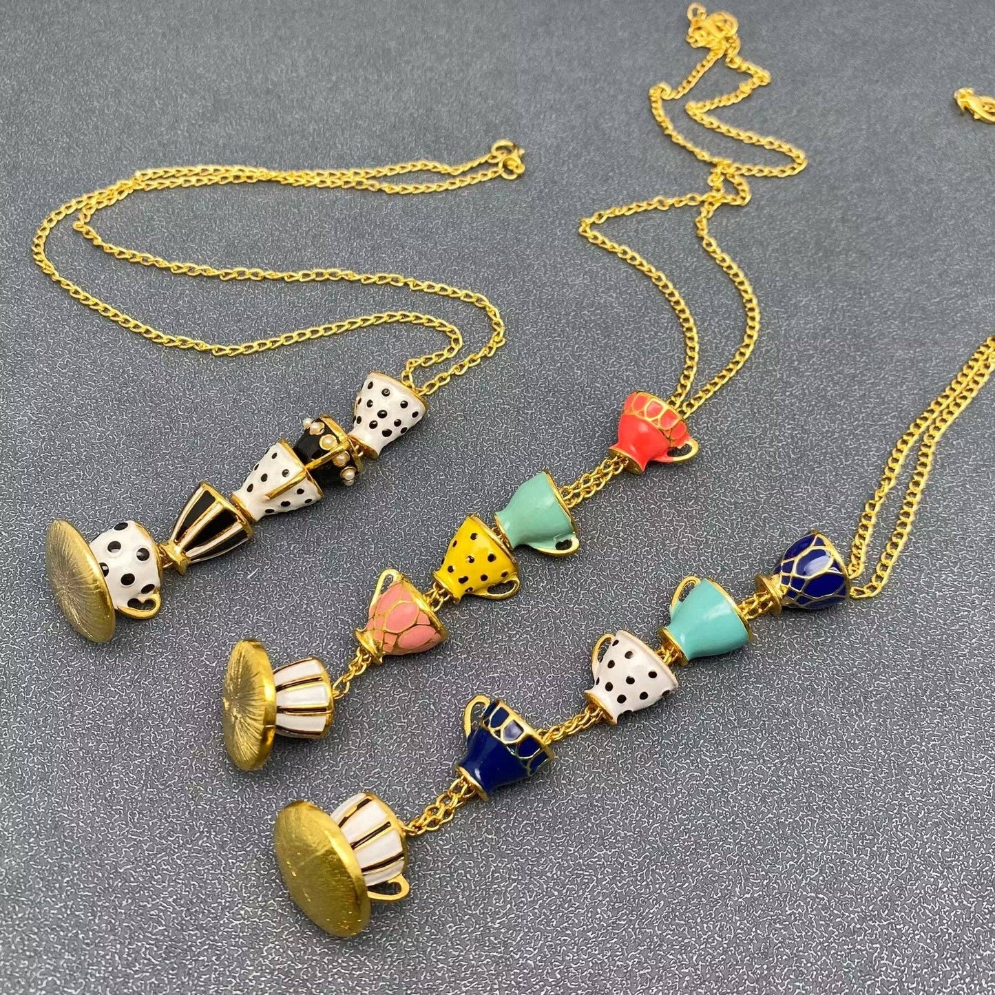Colorful Enamel 5 Teacups Linked Charm Necklace: Style A