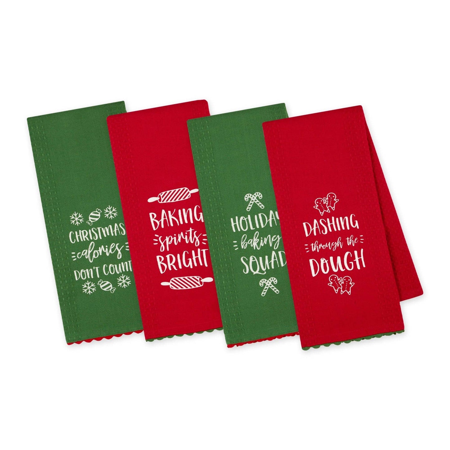Four Christmas-themed kitchen towels in red and green with festive sayings.