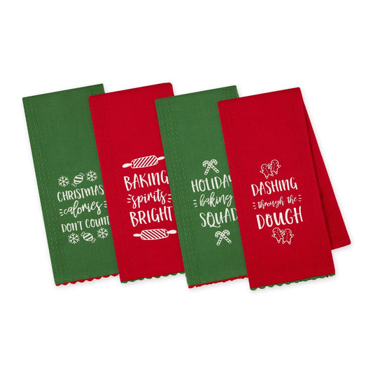 Four Christmas-themed kitchen towels in red and green with festive sayings.