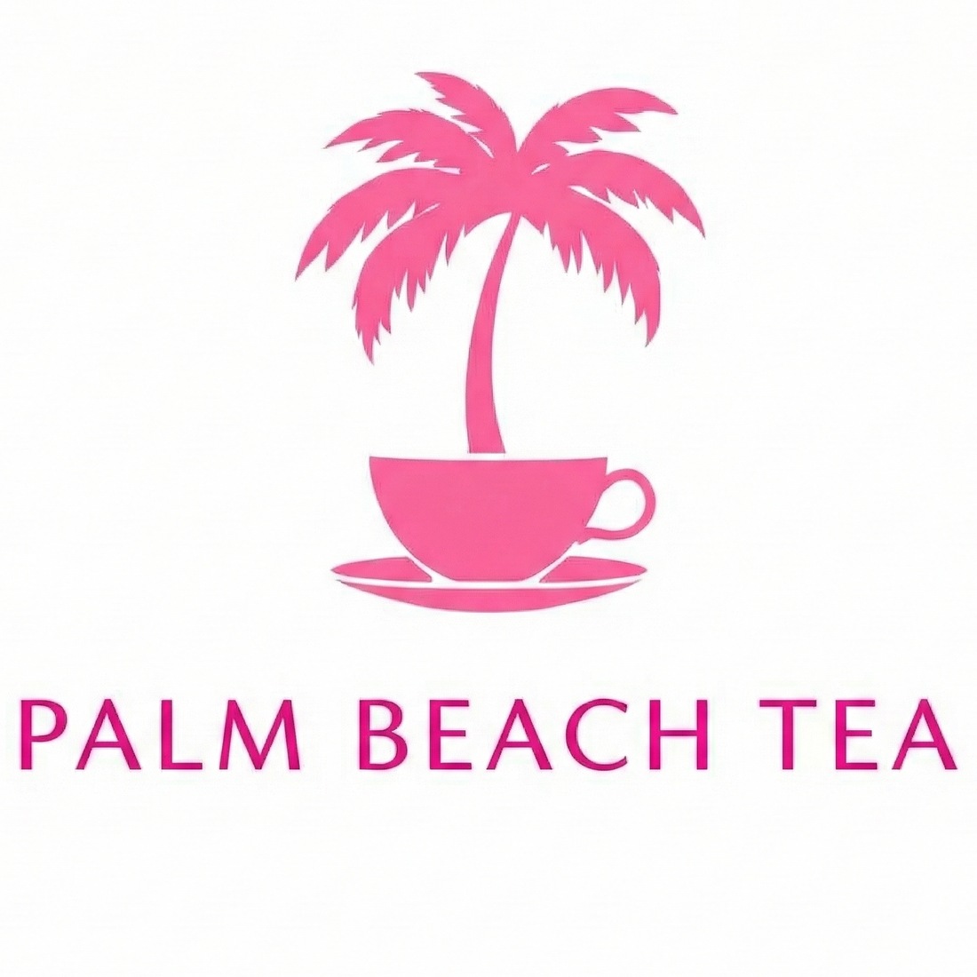 Logo of Palm Beach Tea with a pink palm tree inside a teacup on a white background