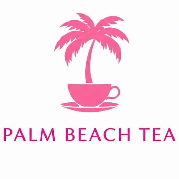 Logo of Palm Beach Tea with a pink palm tree inside a teacup on a white background