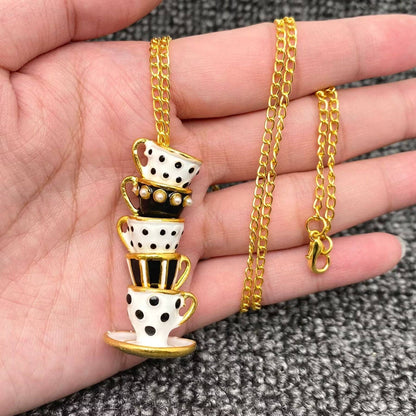 Colorful Enamel 5 Teacups Linked Charm Necklace: Style A