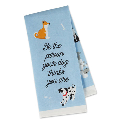 Blue towel with dog illustrations and text on a white background