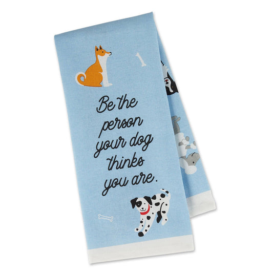 Blue towel with dog illustrations and text on a white background