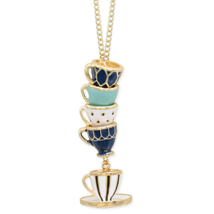 Mad Hatter Blue Teacup Stack Gold Necklace