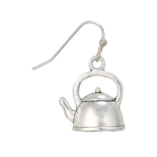 Silver teapot-shaped earring on a white background