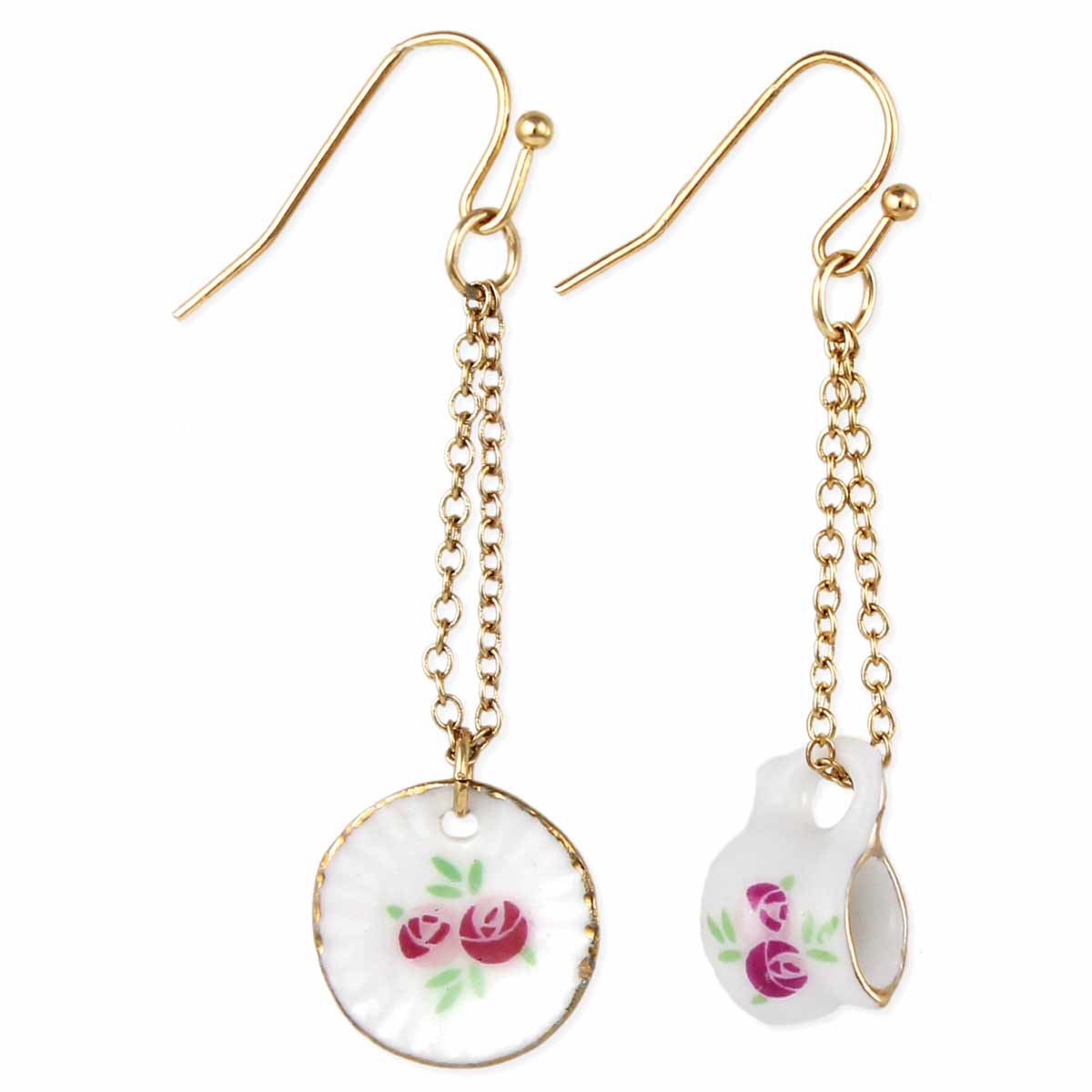 Gold chain earrings with floral designs on a white background