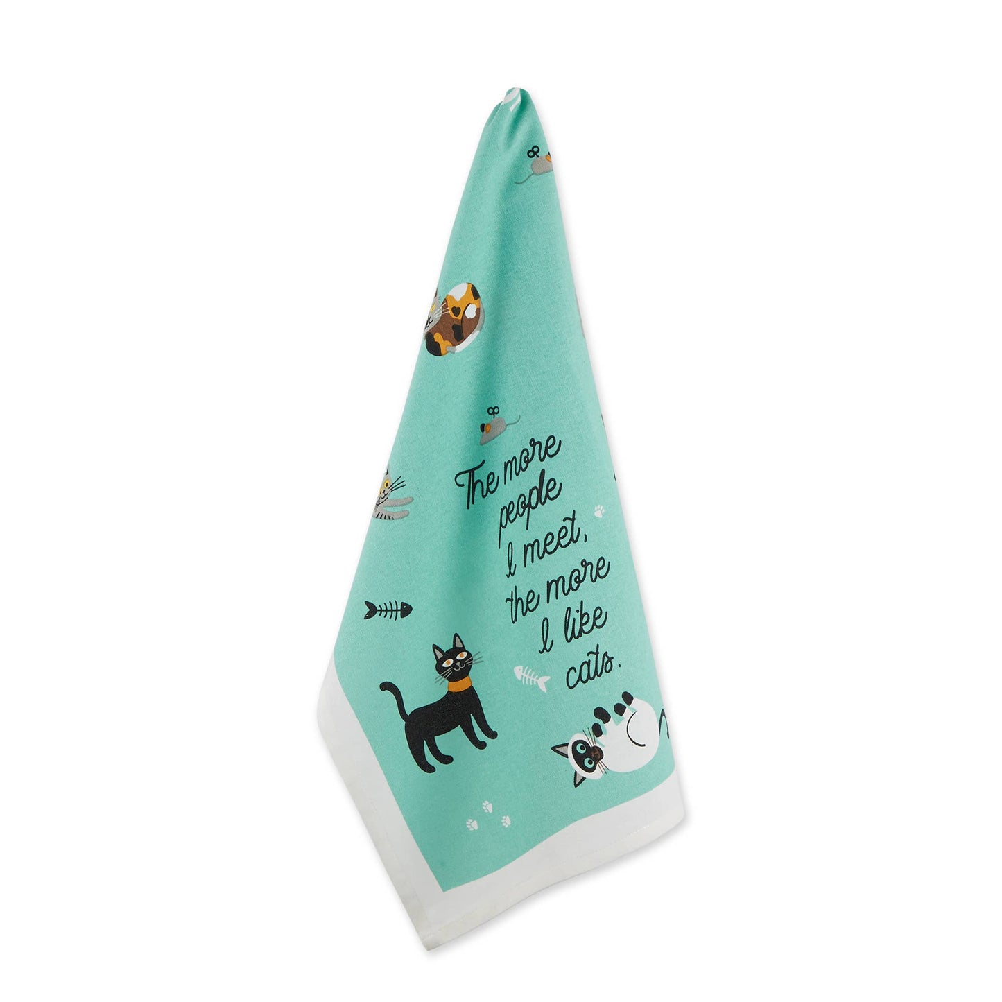 Teal towel with cat illustrations and text on a white background