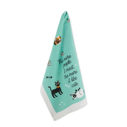 Teal towel with cat illustrations and text on a white background