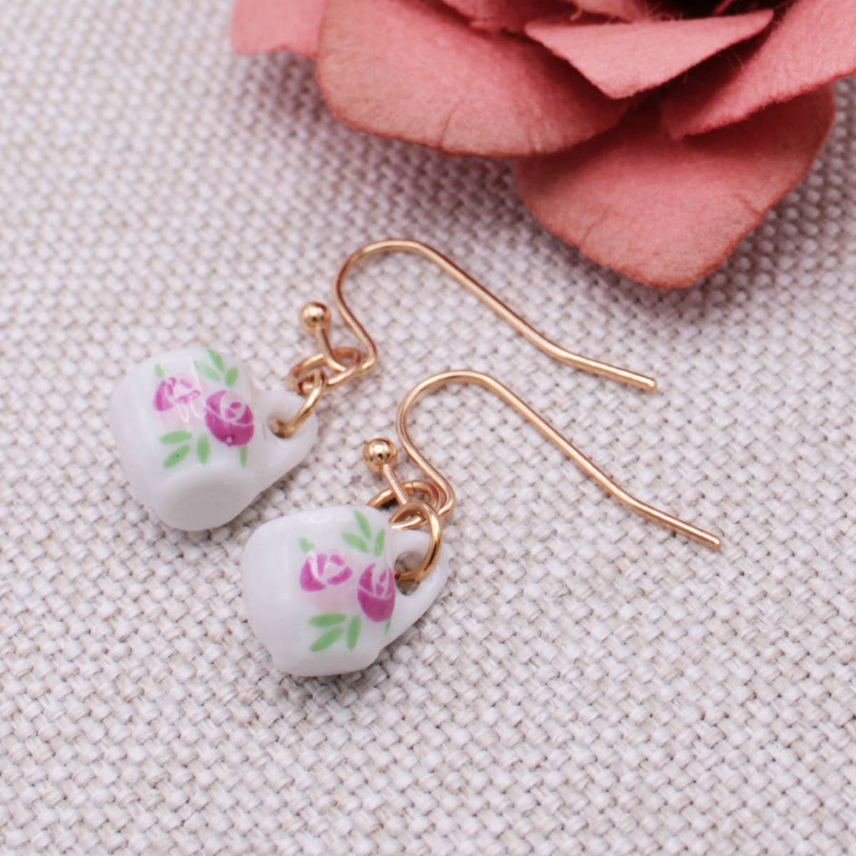 Tea Time Pink Floral Teacup Gold Earrings