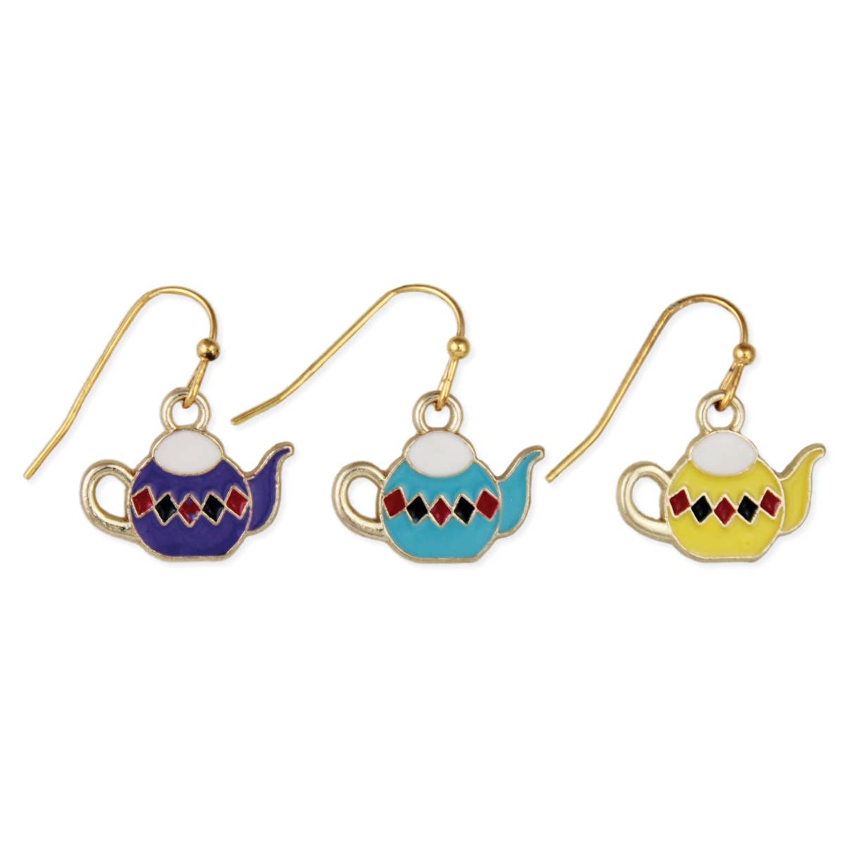 Three teapot-shaped earrings in blue, yellow, and red on a white background